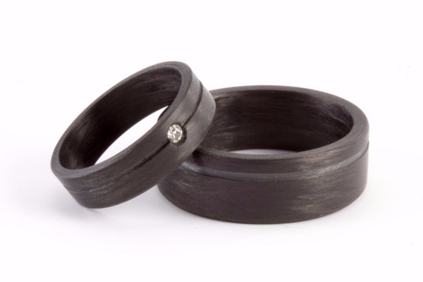 Set of two carbon fiber round wedding bands. Unique and modern black rings. (00147) - Rosler Rings