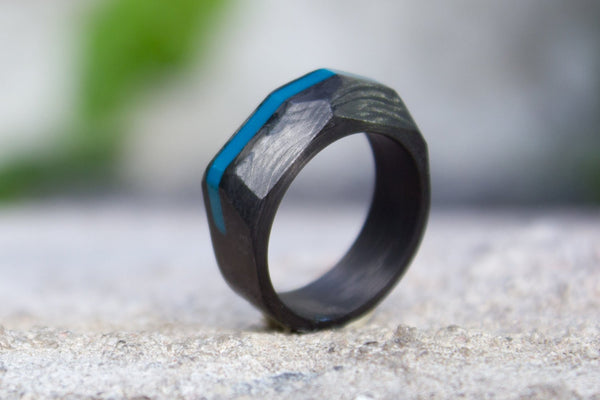Men's carbon fiber ring. Faceted geometric black and turquoise wedding band. (00141) - Rosler Rings